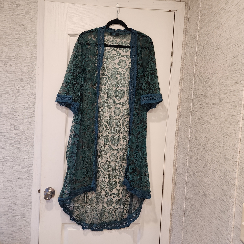 Fashion Expresw Elegant Teal Lace Sheer Cardigan Size S Euc